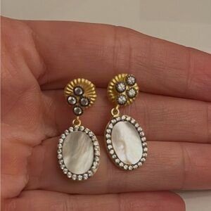 Freida Rothman Sterling/Gold Plated Mother of Pearl Drop Earrings CZ Halo